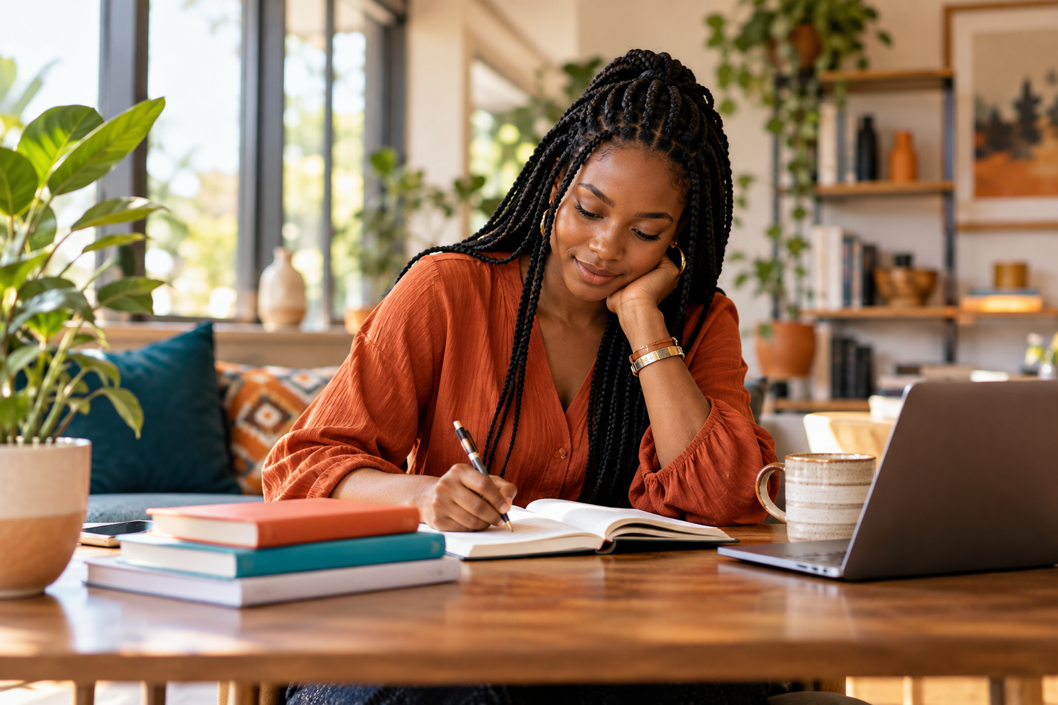 Young woman writing and reflecting with books